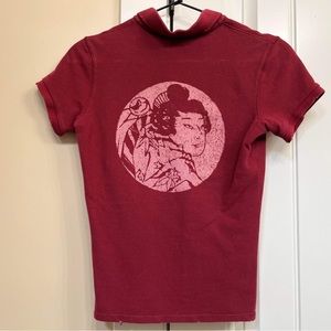 Vintage burgundy pink Lucky Brand polo Cherry Blossom Geisha Samurai details xs
